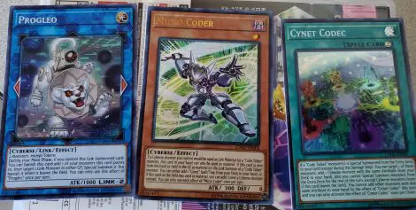 three brand-new Yu-Gi-Oh! TCG cards: the Link Monster, Progleo, along with the Cyberse Monster Micro Coder and the Spell Card Cynet Codec